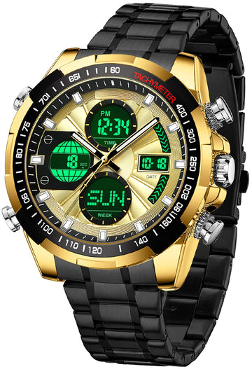 Luxury Stainless Steel Watches for Men Gold Digital Analog Mens Watch with Countdown Alarm Three Time Zone Waterproof Classic Business Wristwatch
